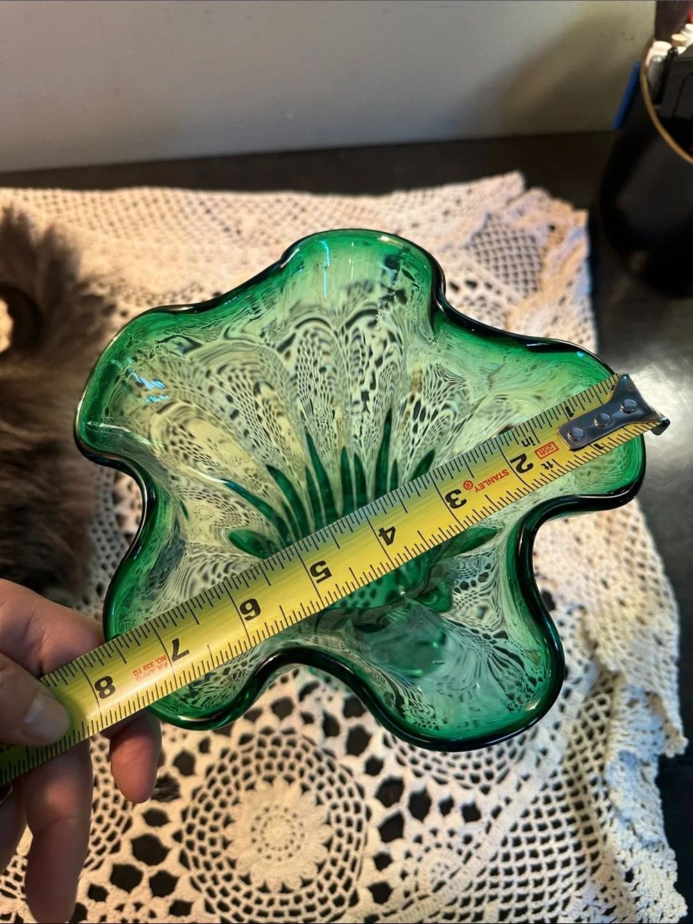 Vintage Green Art Glass Ruffled Vase - Unbranded
